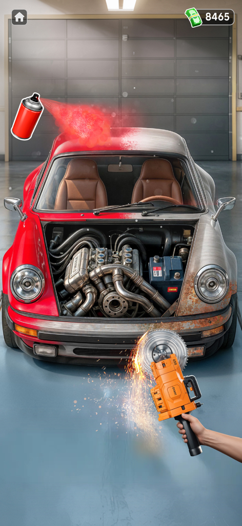 Car Wash Games: Repair Garage - Restoring a classic car using spray paint and a grinder in a garage simulation