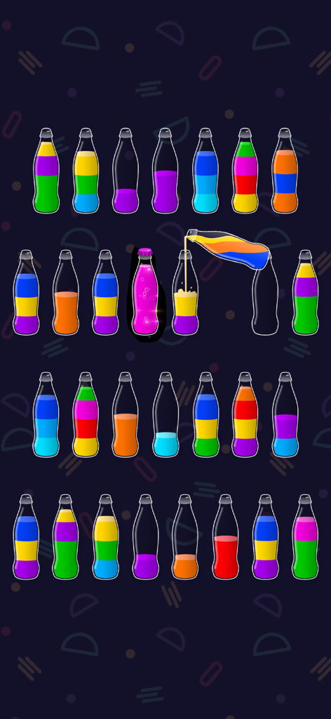 Color Water Sort: Puzzle Game - Pantalla de juego de Color Water Sort que muestra varias botellas de vidrio con líquidos de colores en capas que se están clasificando