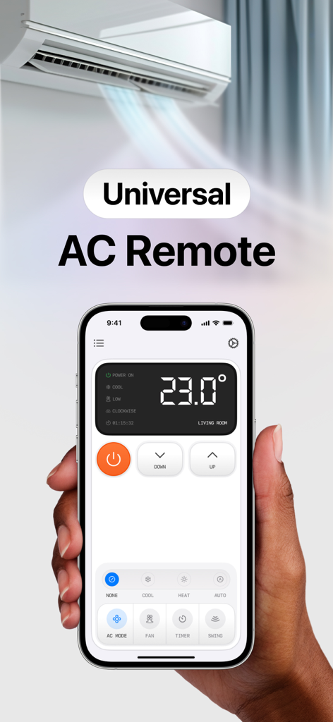 AC Remote control - S9Remote - Una mano sosteniendo un iPhone mostrando la interfaz de la aplicación AC Remote control con ajustes de temperatura y modo