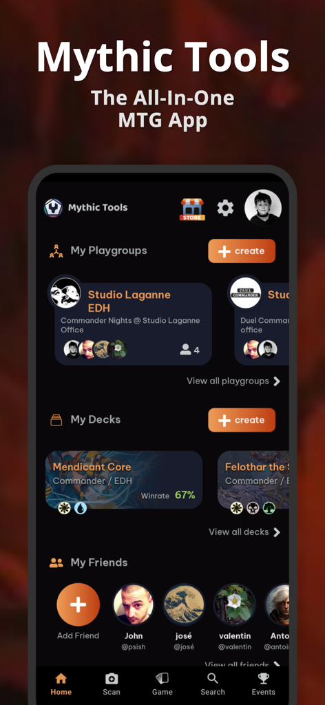 MTG Life Counter: Mythic Tools - Mythic Tools app home screen for Magic The Gathering tracking playgroups and decks.