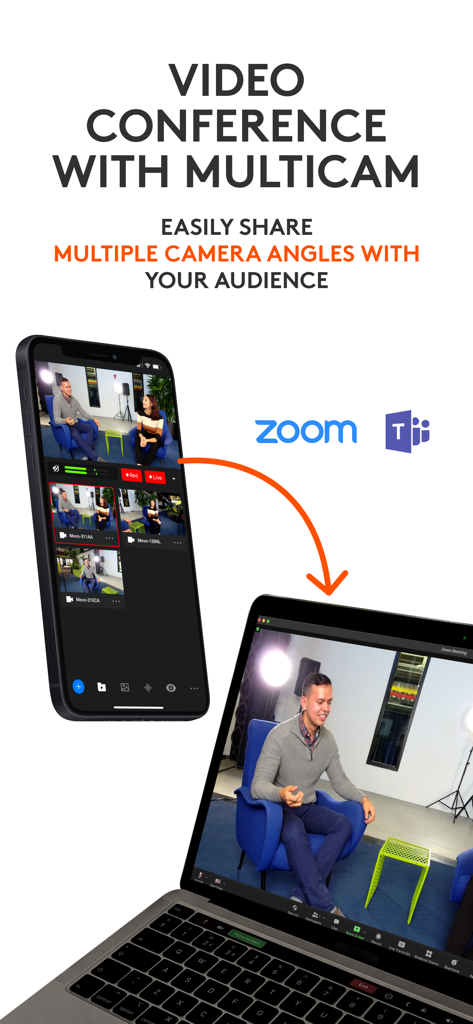 Logitech Mevo Multicam - Logitech Mevo Multicamアプリのインターフェース。Zoom通話中にラップトップに共有された複数のカメラアングルを表示しています。