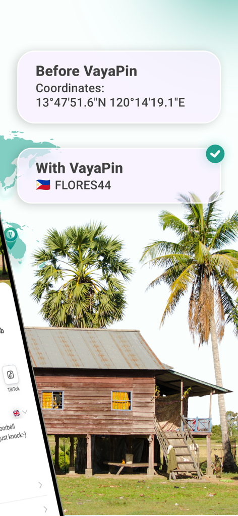 VayaPin - Comparison between complex GPS coordinates and a simplified VayaPin digital address for a rural location
