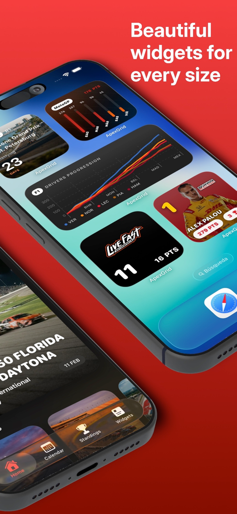 Apex Grid - Motorsport Widgets - iPhone home screen showing various motorsport widgets for racing stats and countdowns