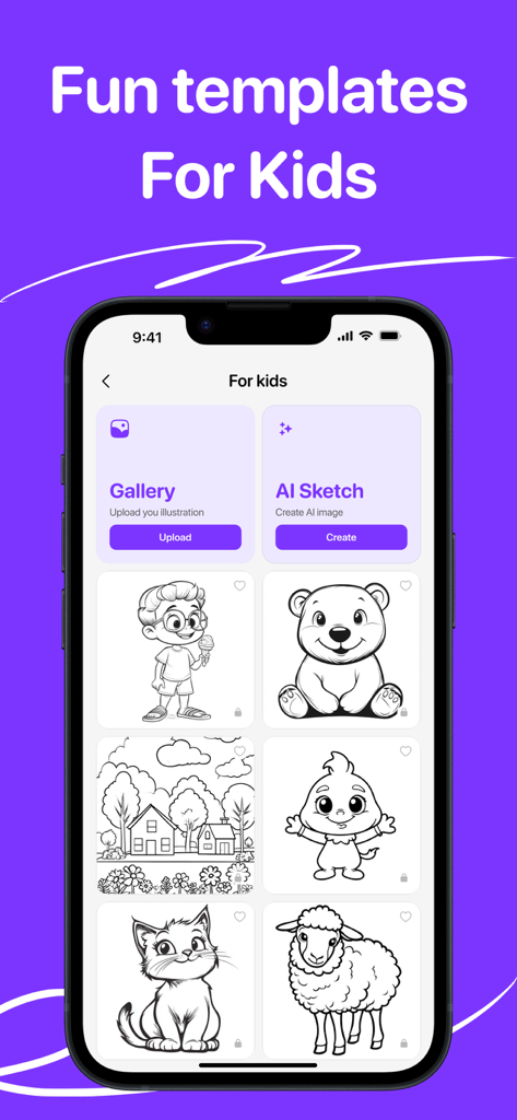 ARtie: AR Drawing & Sketch - Interface de l'application ARtie montrant une sélection de modèles de dessin amusants pour enfants, y compris des animaux et des dessins animés.