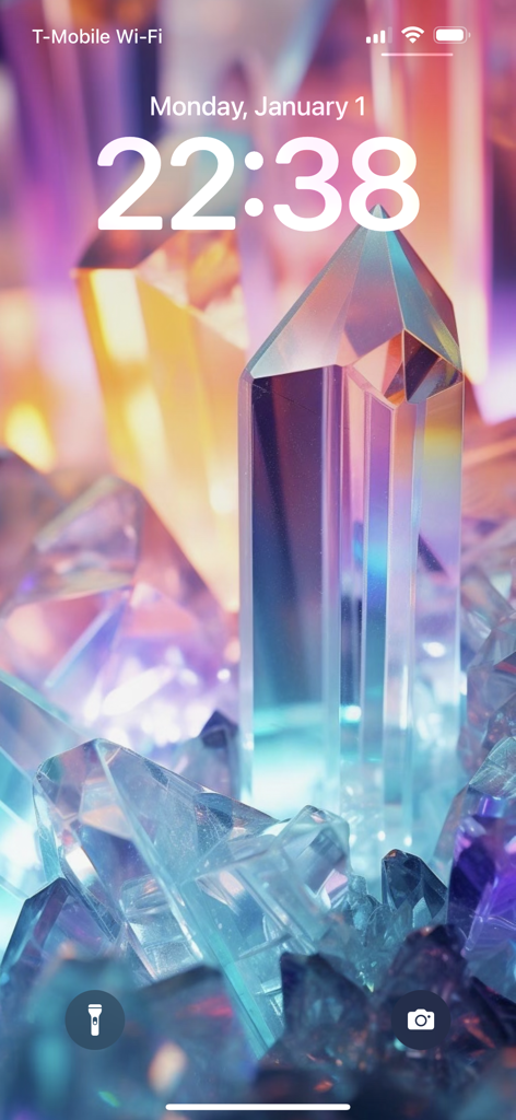 iPhone lock screen featuring a high-quality aesthetic crystal wallpaper with vibrant colors