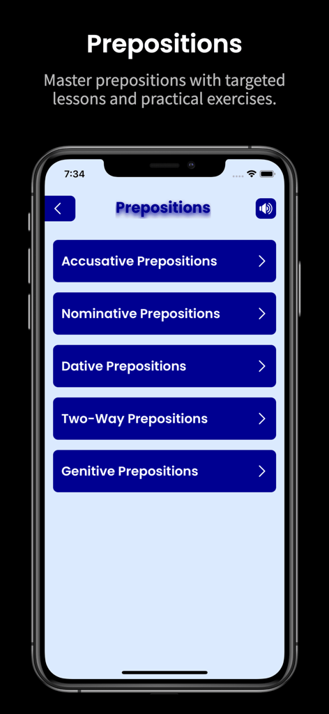 Ein Smartphone-Bildschirm, der das Präpositionen-Menü in der App Learn French Verb Forms mit Kategorien für Akkusativ-, Nominativ- und Dativpräpositionen zeigt