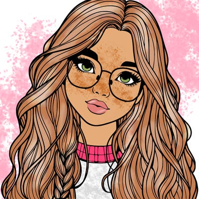 girl with long hair and freckles and glasses realistic