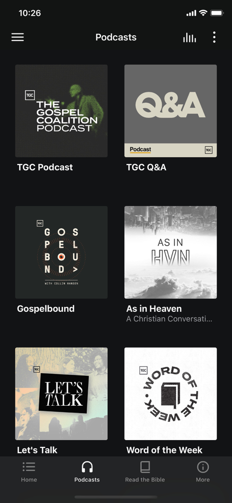 The Gospel Coalition - A menu of podcasts on The Gospel Coalition app featuring shows like Gospelbound and Word of the Week.