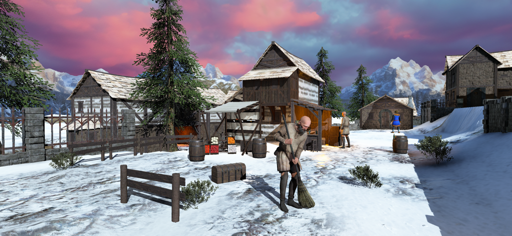 Medieval Lords - Ein verschneites mittelalterliches Dorf mit Fachwerkhäusern und einer Figur, die unter einem Sonnenuntergangshimmel den Boden fegt