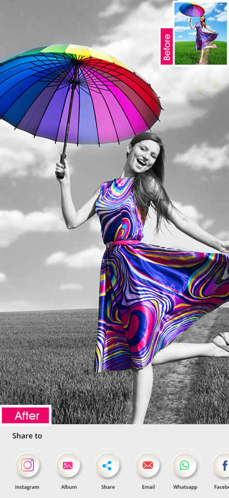 Before and after comparison of selective colorization on a woman with a rainbow umbrella in a black and white field