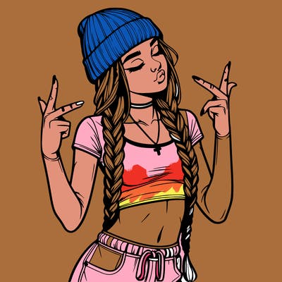realistic teenage girl with braids and a beanie and crop top doing 🫶🏼