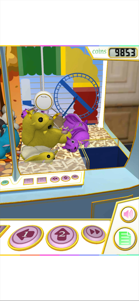 A virtual claw machine filled with cute yellow and purple plush animals in the Claw Crane Little Pets mobile game