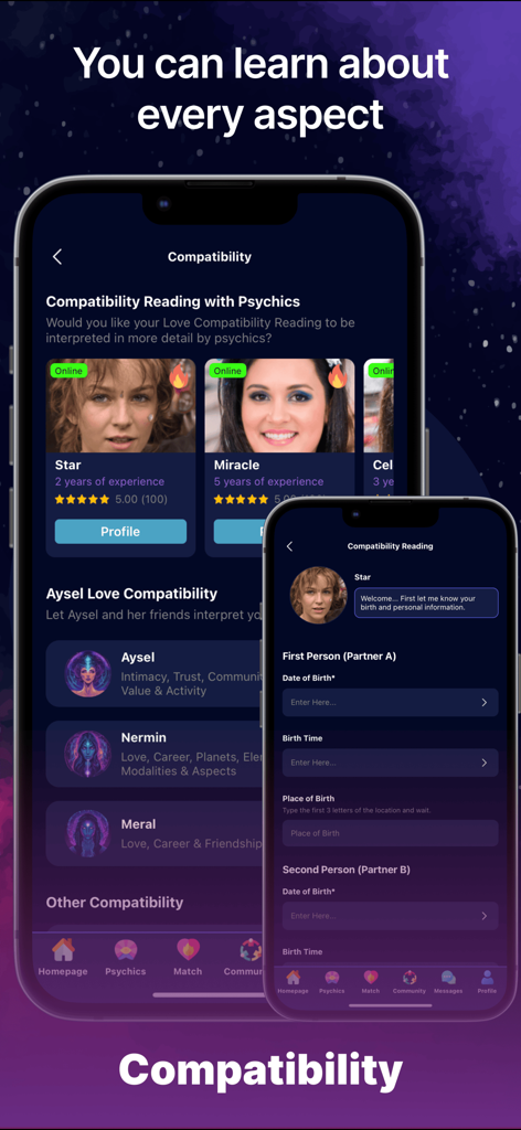 Interfaz de aplicación móvil que muestra opciones de lectura de compatibilidad con psíquicos y un formulario para ingresar los detalles de nacimiento de la pareja para análisis astrológico.