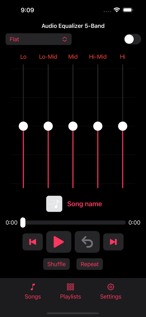 Audio Equalizer 5-Band - Interface of the Audio Equalizer 5-Band app showing frequency sliders and music player controls on an iPhone