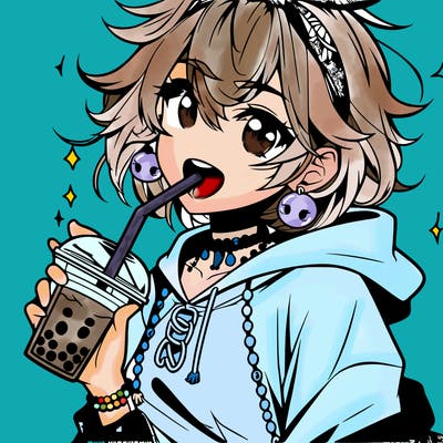 hot baddie anime girl drinking boba and biting the straw