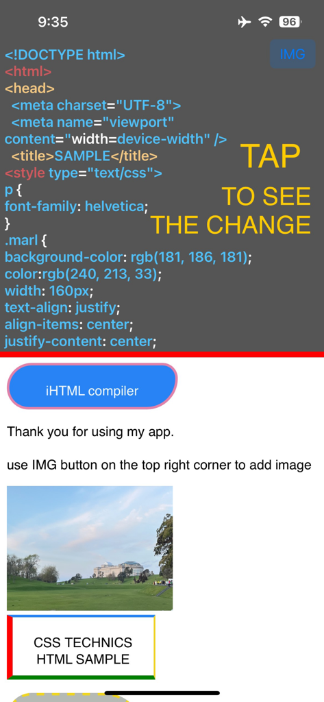 iHTML Compiler - Split screen interface of the iHTML Compiler app showing HTML code on top and the rendered web page preview at the bottom