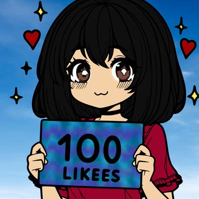 anima girl holding a 100 likes sign in her hand