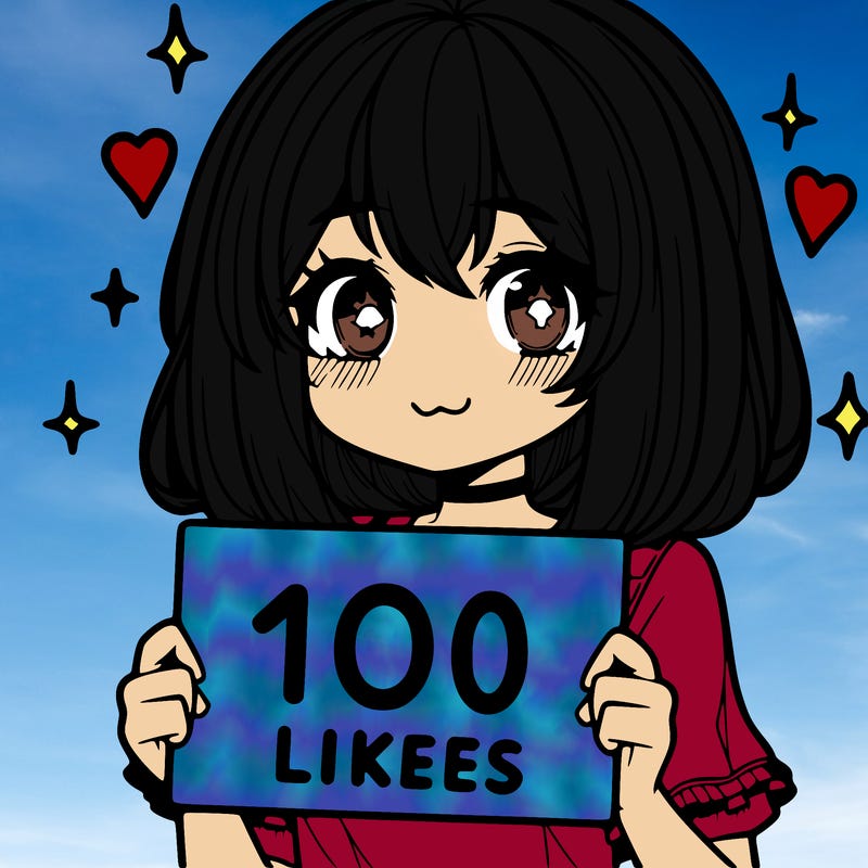 anima girl holding a 100 likes sign in her hand