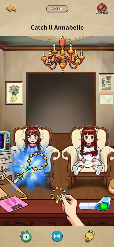 A puzzle level in Nightmare Puzzles The Unknown featuring creepy dolls and a glowing rosary.