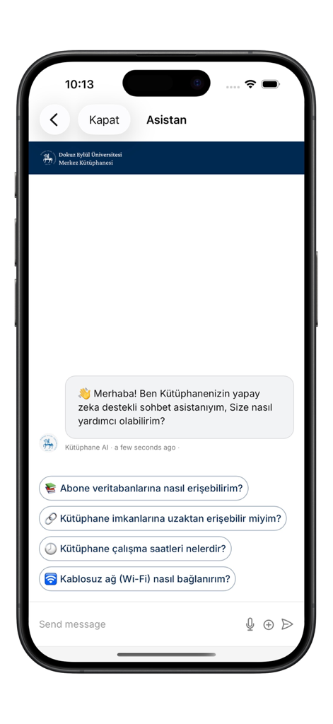 DEU Mobil - Interface of the DEU Mobil AI library assistant showing a chat conversation with automated student support questions