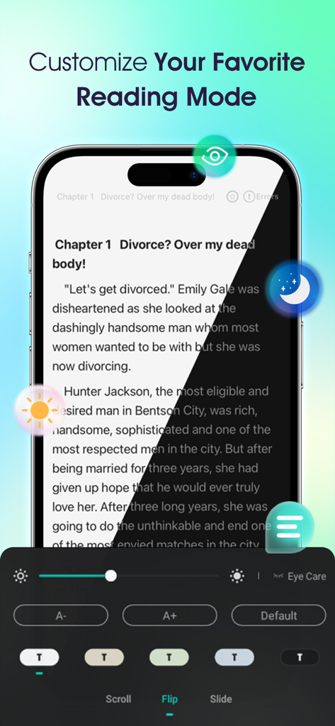 Hinovel app interface displaying customizable reading options including night mode and font size