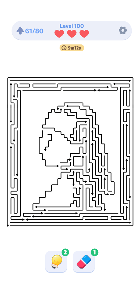 Arrow Jam Escape - Arrow Jam Escape gameplay screen showing a portrait silhouette arrow maze on level 100