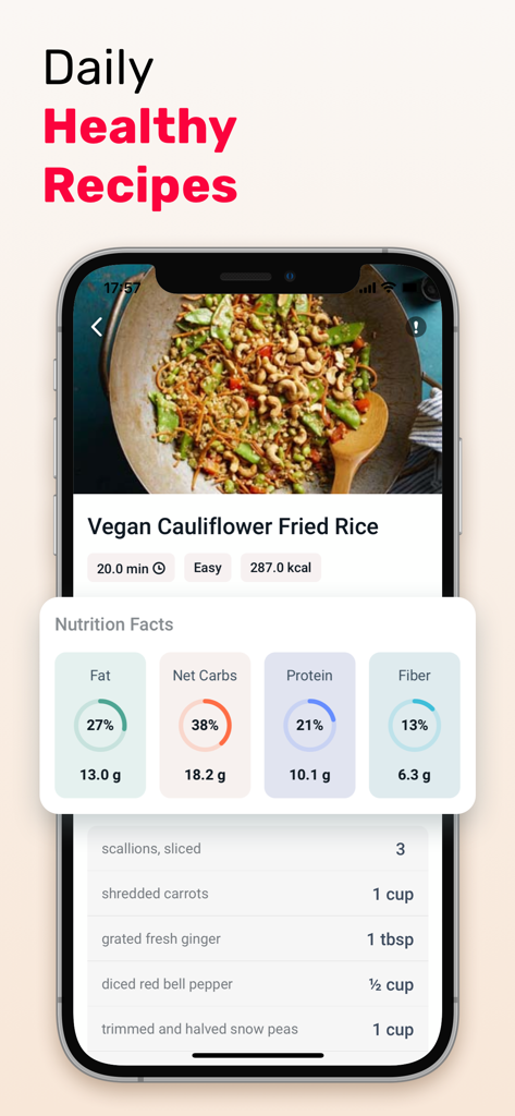 HeartMe: Mental Health - Pantalla de recetas saludables de la aplicación HeartMe con arroz frito de coliflor vegano y datos nutricionales.