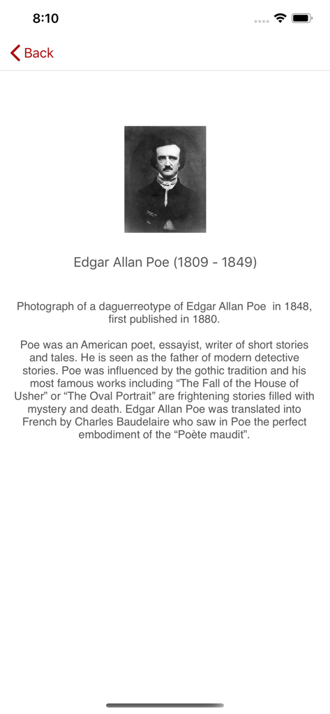 Un ritratto e una descrizione biografica di Edgar Allan Poe all'interno dell'app A Text A Day