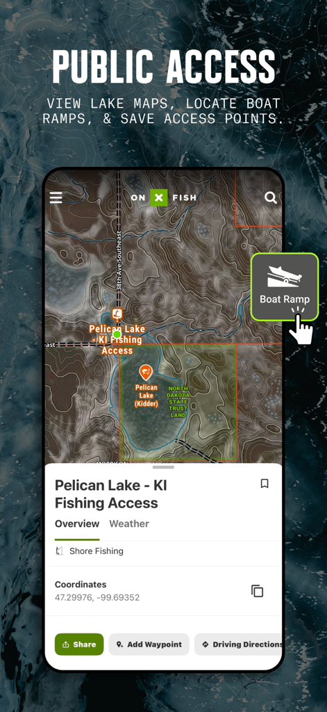 onX Fish app displaying a topographic map with public lake access and boat ramp locations.