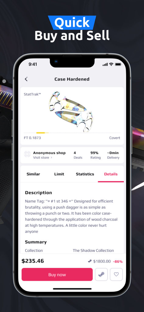Mobile App-Screenshot von white.market, der eine CS2-Skin-Artikelseite mit Preis und Sofort-Kaufen-Button anzeigt.