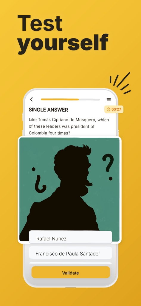 Interactive history quiz on the Gurwi app featuring multiple-choice questions and visual illustrations.