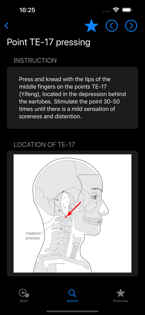 Diagrama anatómico e instrucciones para el punto de acupresión TE-17 detrás de la oreja.