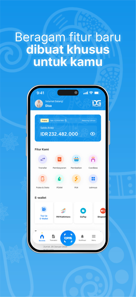 DG by Bankaltimtara - DG by Bankaltimtara mobile banking app dashboard showing account balance and financial service icons