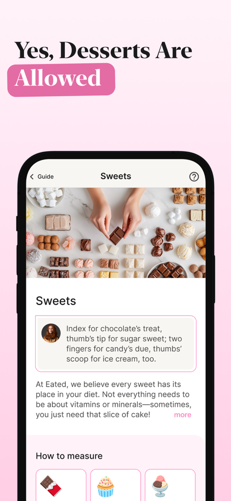 Eated app screen titled Sweets showing a guide on how to include desserts and treats in a balanced diet without guilt.