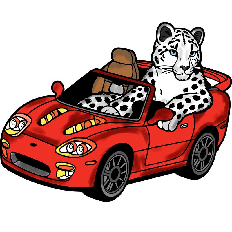 snow leopard in a sports car