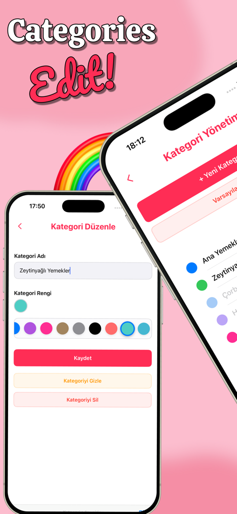 Interface for editing recipe category names and selecting color themes in the Recipe Book app.