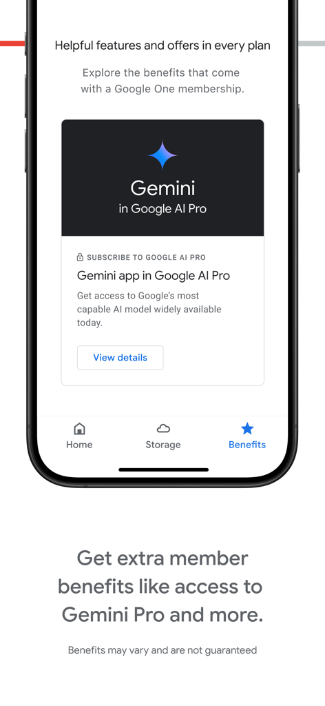 Google One app interface showing membership benefits including access to Gemini AI Pro