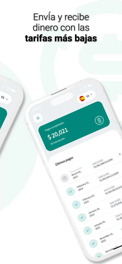PagoMundo - PagoMundo mobile app dashboard showing a list of recent transactions and total completed payments in USD and COP.