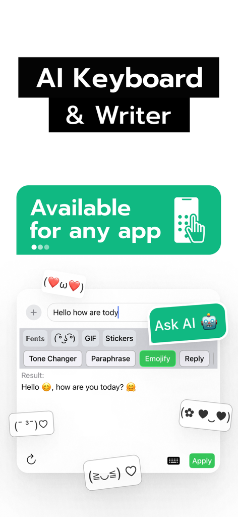 Fonts AI - La interfaz de la aplicación Fonts AI mostrando el asistente de escritura con IA y funciones de fuentes decorativas