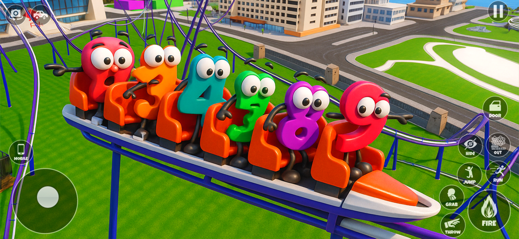 Personnages numériques colorés faisant du manège dans un environnement bac à sable de ville