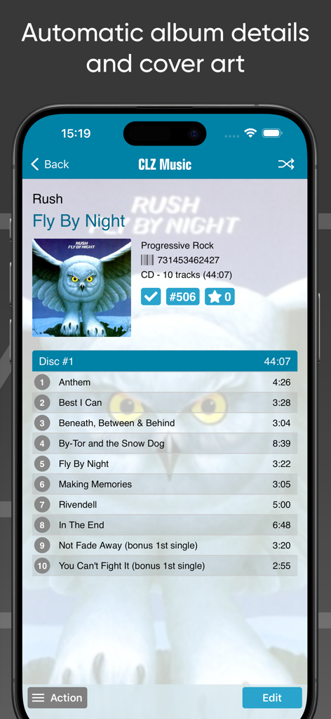 CLZ Music CD / Vinyl database - CLZ Music app displaying automatic album details and tracklist for a music collection