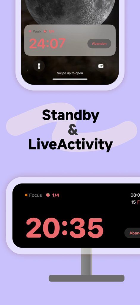 Pomo Up - Pomodoro Timer - iPhoneのロック画面とモニターのスタンバイモードにPomo Upポモドーロタイマーのライブアクティビティが表示されています。
