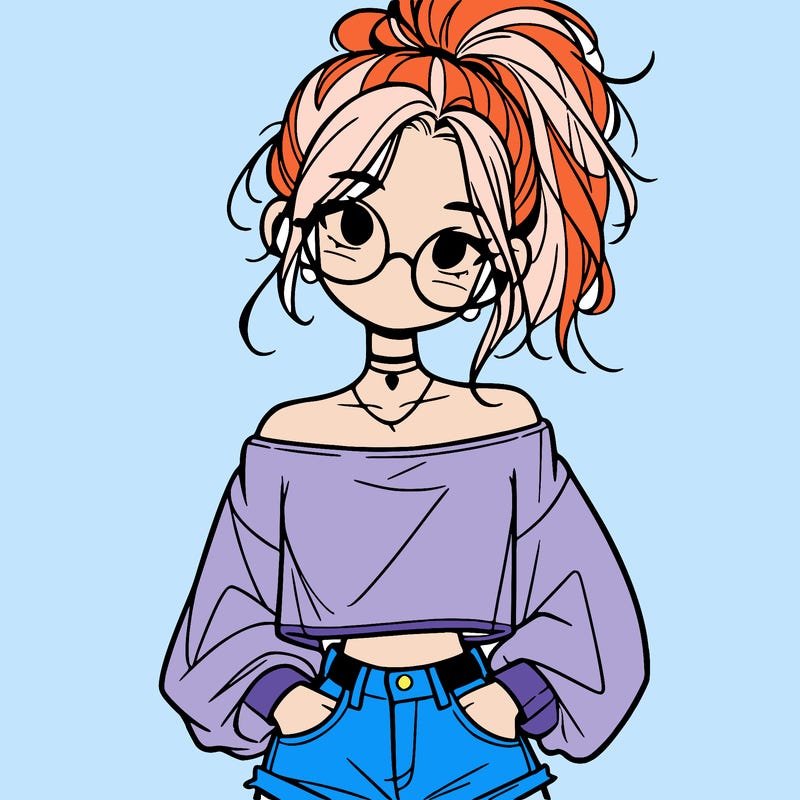 girl with a messy ponytail glasses a baggy crop top and jean shorts