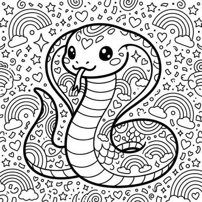 Dive into a world of cuteness and celebration with this unique Kawaii elapid coloring page. Featuring a charming cobra amidst Pride-themed symbols, it's perfect for expressing joy and creativity.