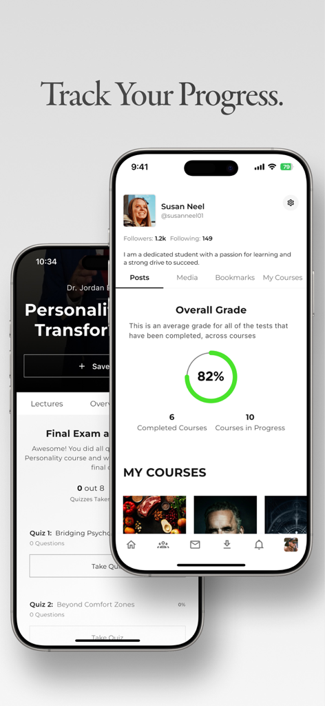 A mobile screen showing the Peterson Academy app progress dashboard with course completion stats and overall grade