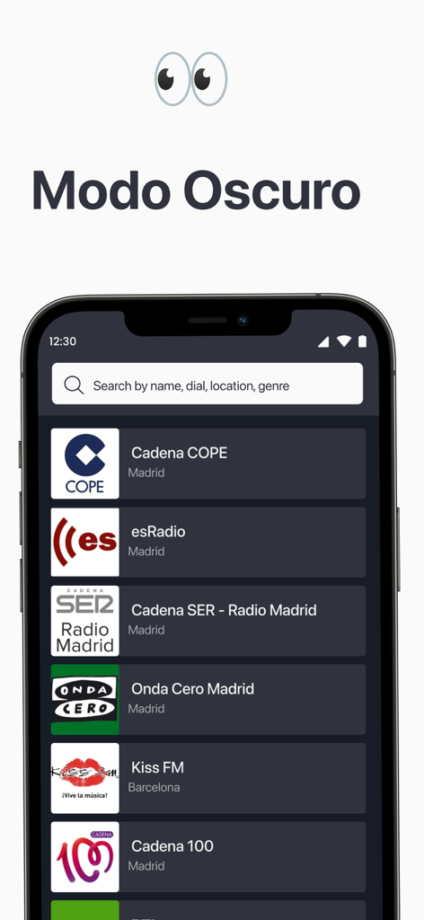 Radios de España App-Benutzeroberfläche im Dunkelmodus, die eine Liste spanischer Radiosender wie Cadena SER und Onda Cero anzeigt