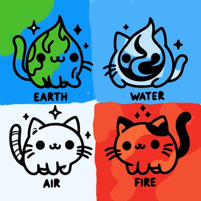 4 cats that represent the different elements, earth, water, air, and fire