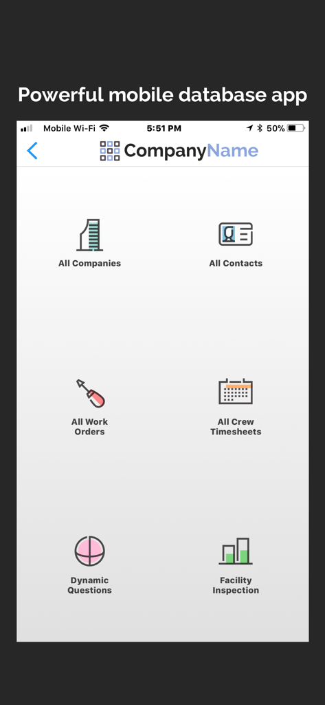 Panel de control de la aplicación móvil Forms On Fire que muestra iconos para órdenes de trabajo, hojas de tiempo de la cuadrilla e inspecciones de instalaciones