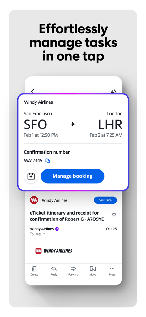 Yahoo Mail app screenshot showing a travel itinerary for a flight from SFO to LHR with a manage booking button.