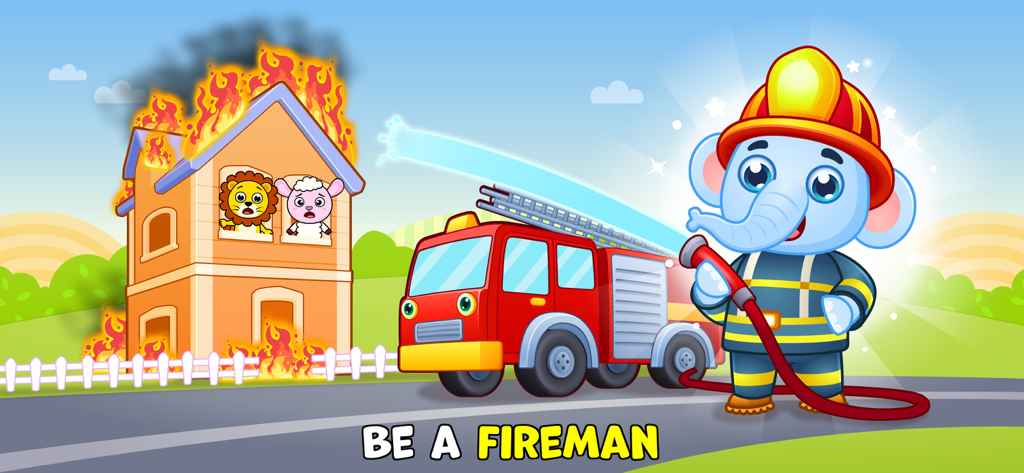Toddler Educational Games - An elephant firefighter character using a hose to extinguish a fire in a house with animal friends in Timpy Town